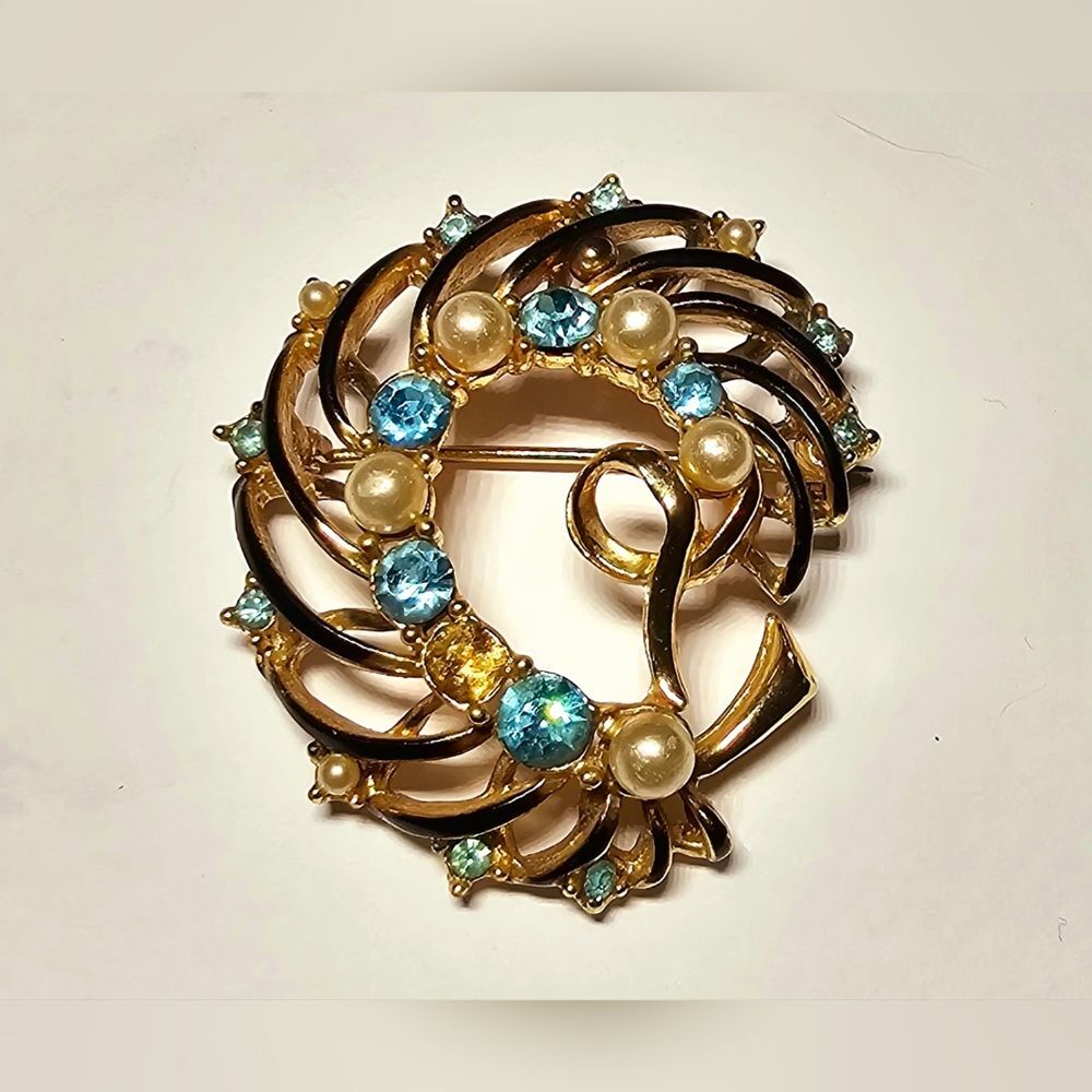 Vintage Blue Stone Faux Pearl Fan Swirl Brooch